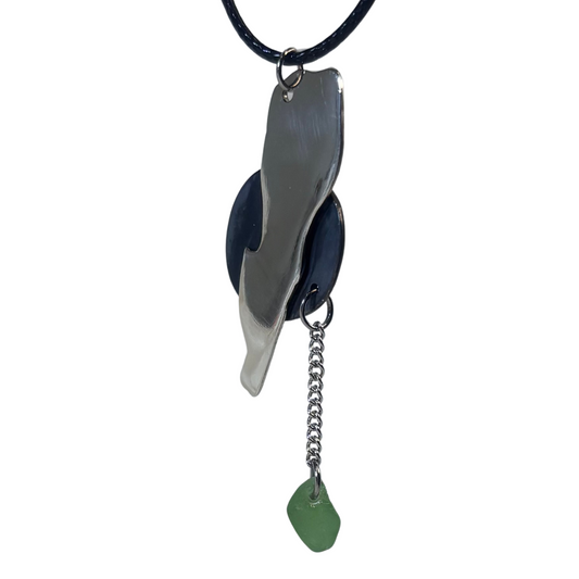 Close-up of Lebanon map silver pendant necklace with sea glass drop