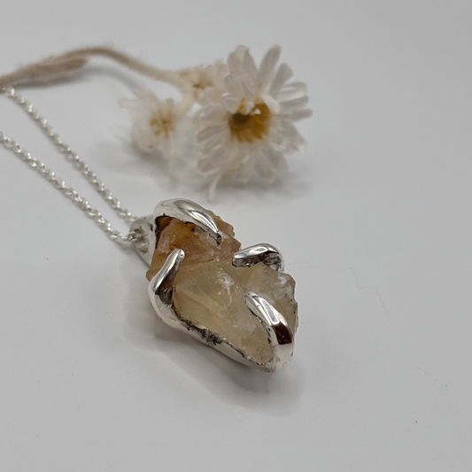 Necklace with a crystal pendant and dried flowers on a light background. handmade silver jewelry
