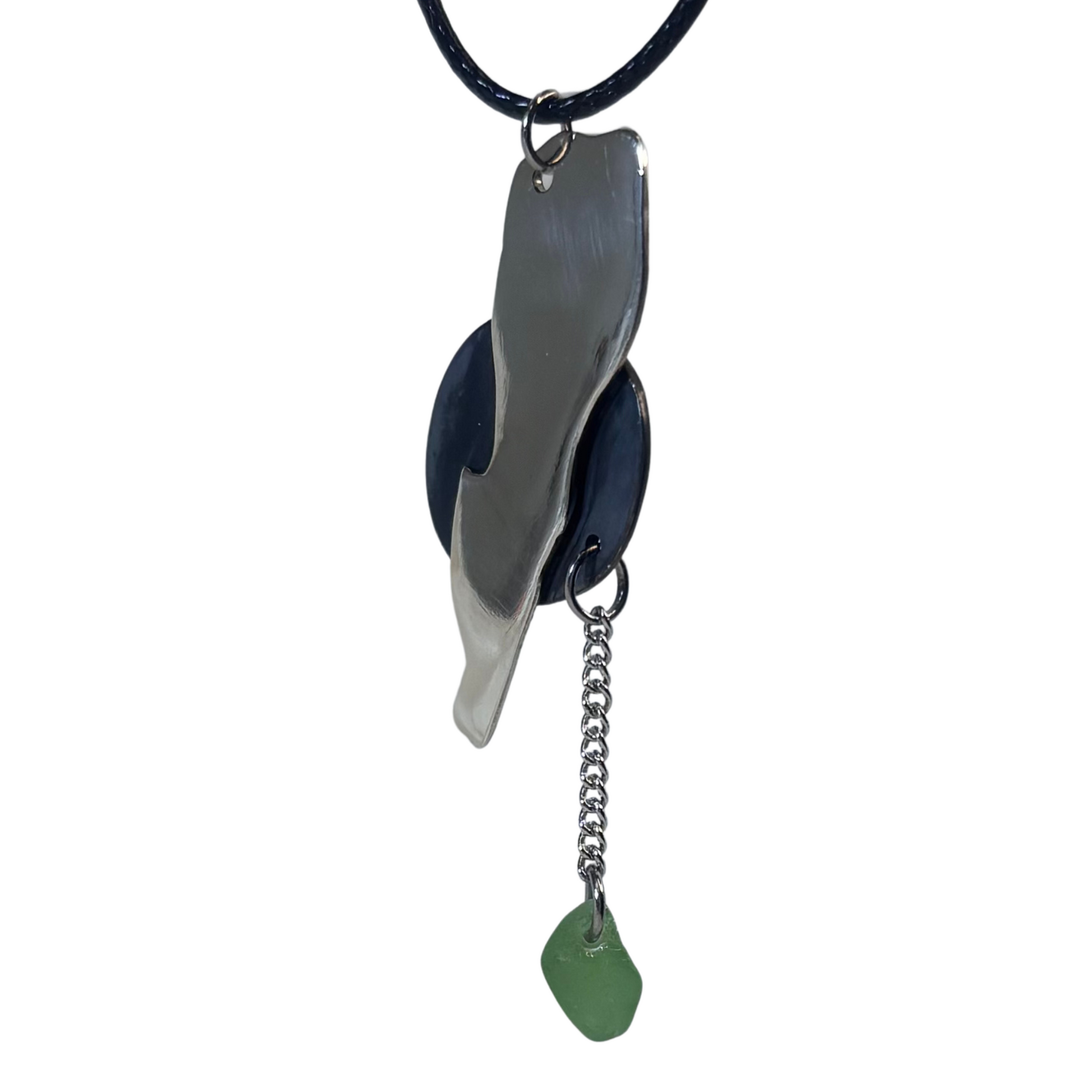 Close-up of Lebanon map silver pendant necklace with sea glass drop