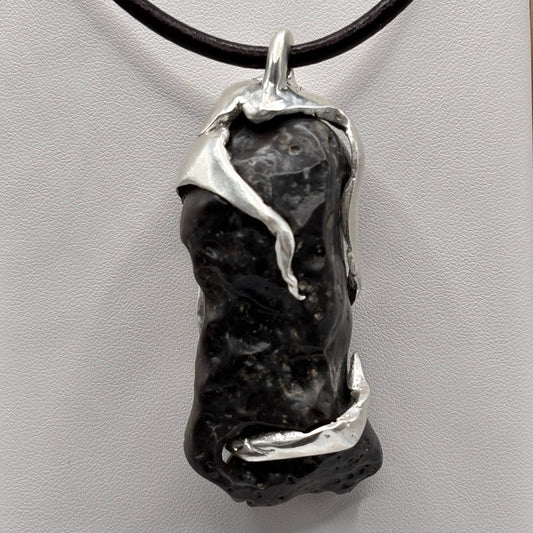 Leviathan pendant necklace, raw black stone in sterling silver, handmade 7ajra jewelry.