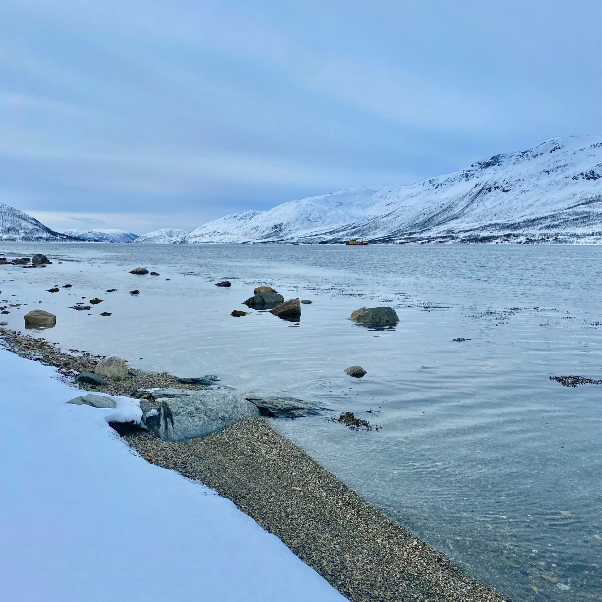 Frozen sea with snow-covered landscape and mountains in the background