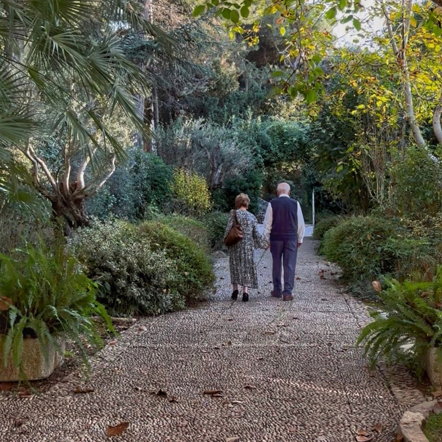 Two people walking along a gravel path in a garden with trees and plants.