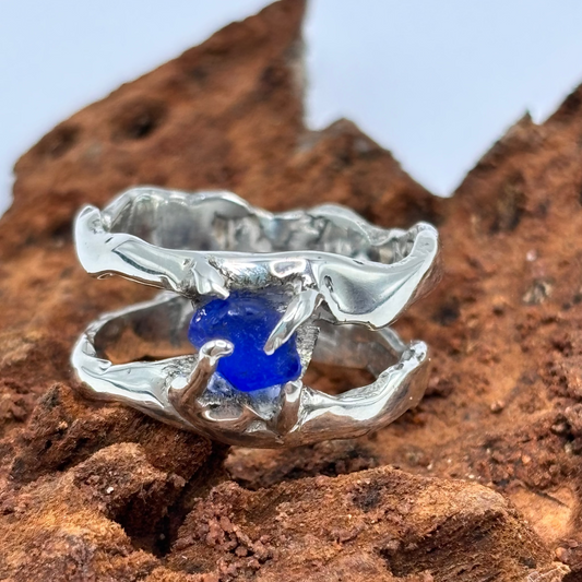 Silver ring with a raw blue sea glass stone, handmade by 7ajra