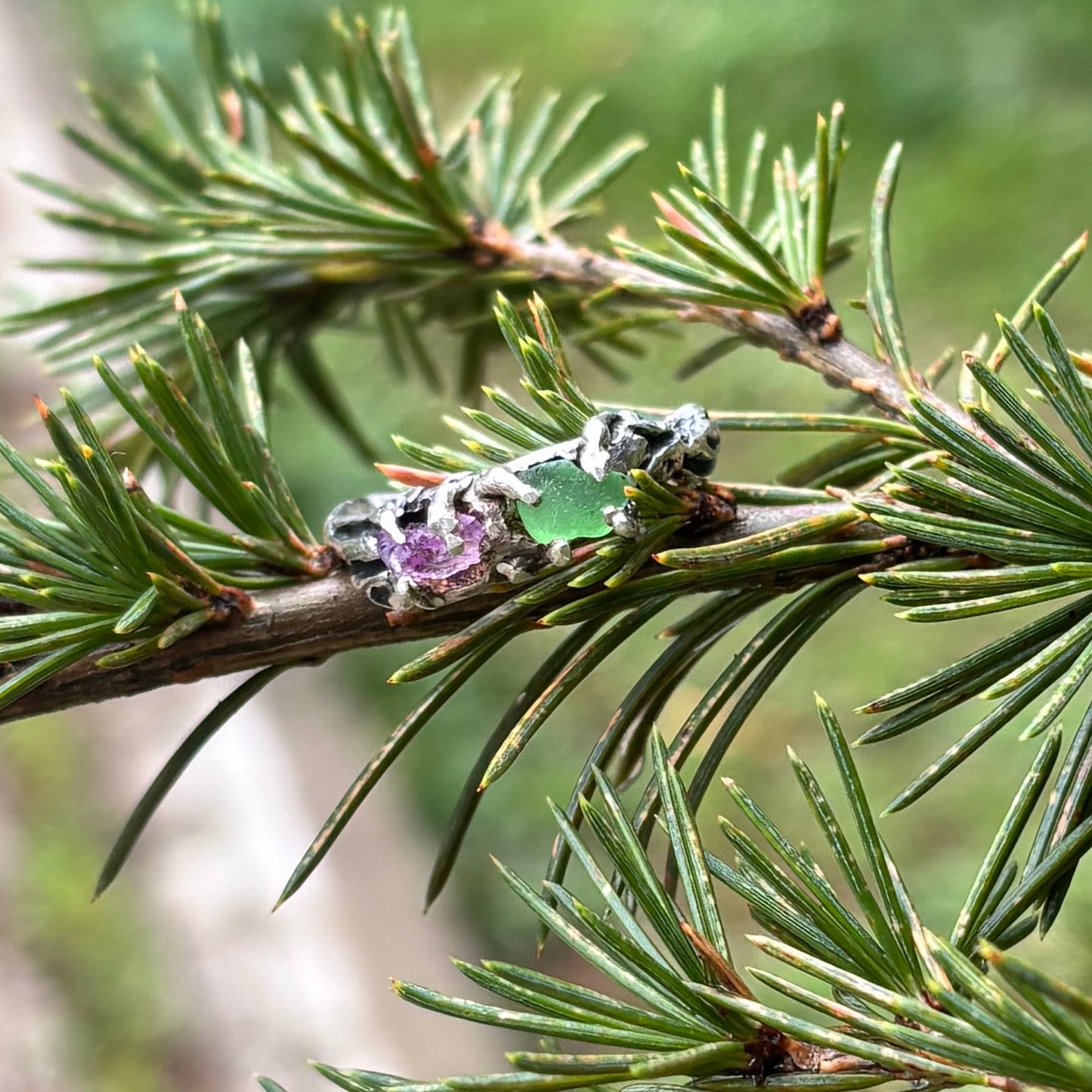 Handmade silver ring with raw stones
