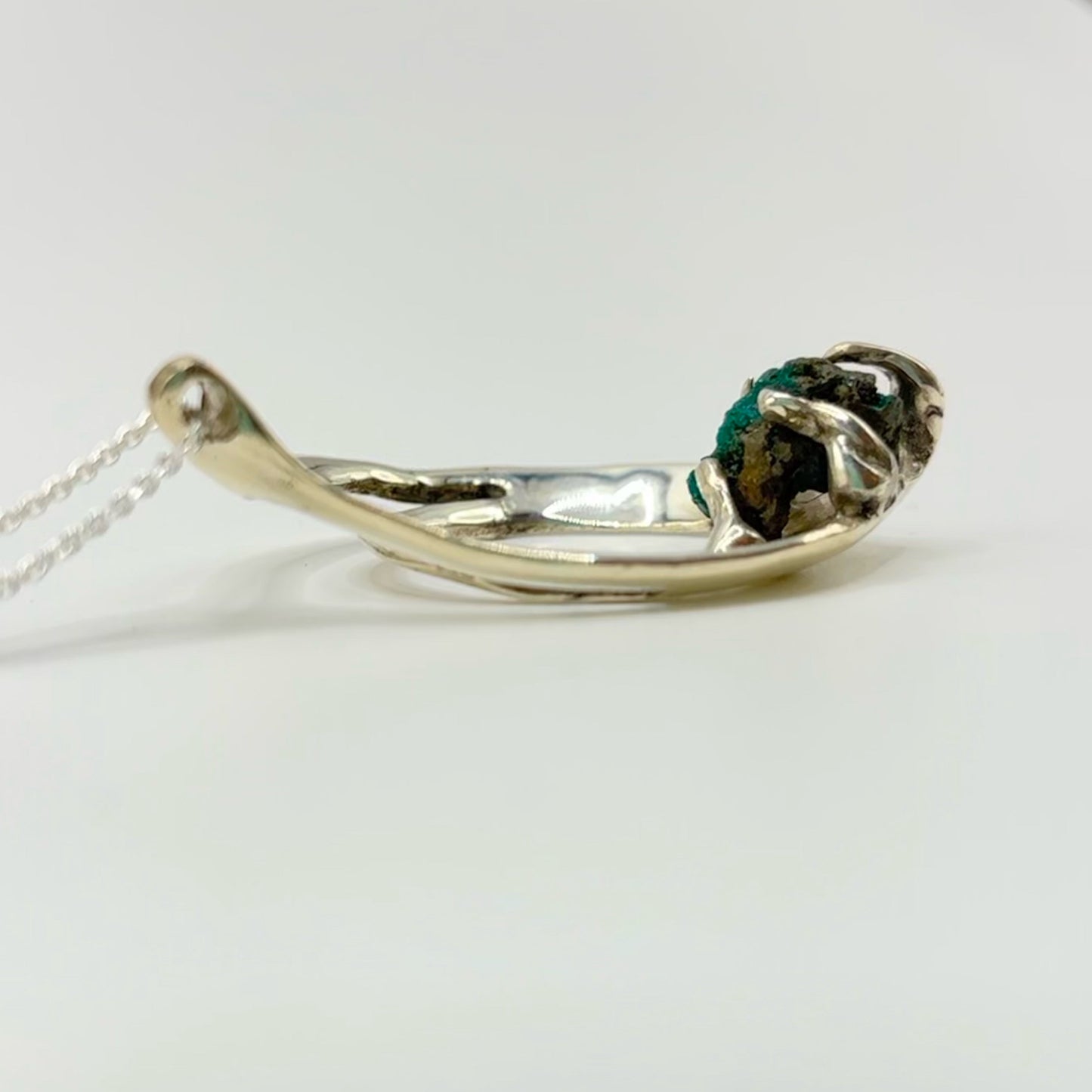 Cori necklace with raw dioptase stone pendant in silver.