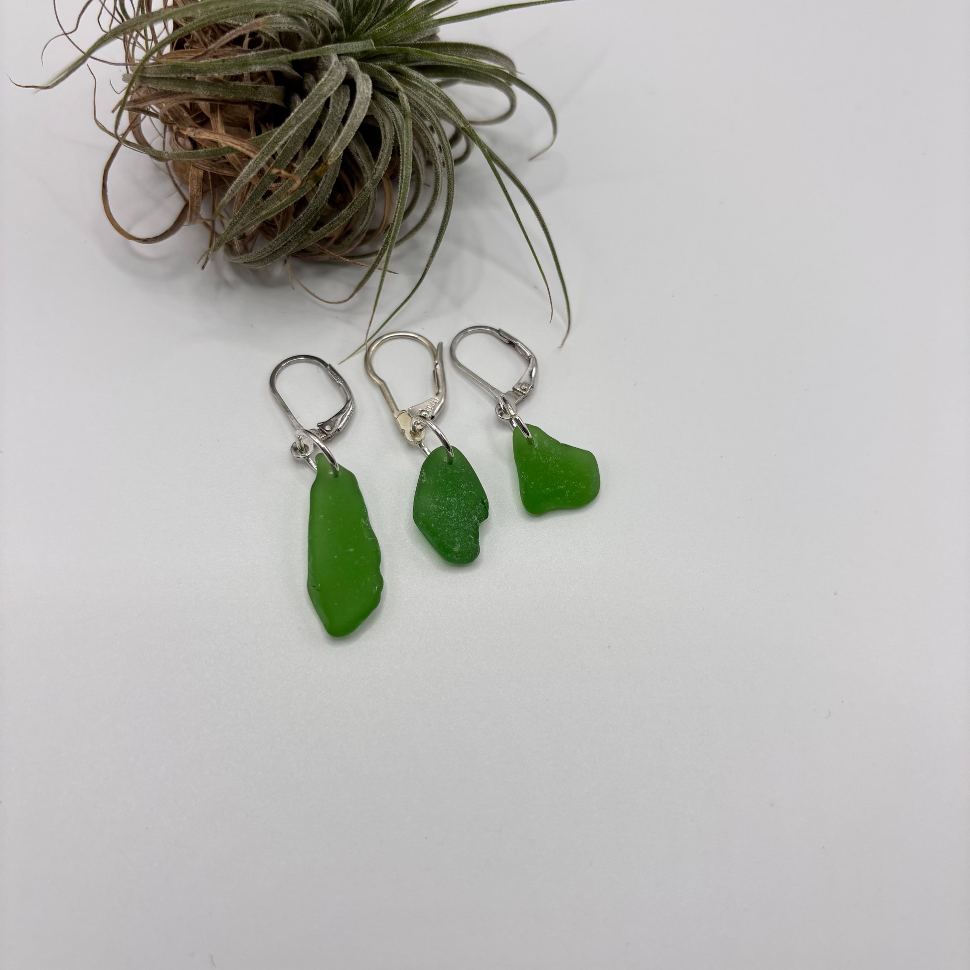 Green sea glass earring set in handcrafted silver, minimal and organic