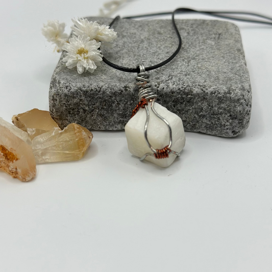 White raw stone cube wire wrapped necklace pendant - 7ajra handmade jewelry