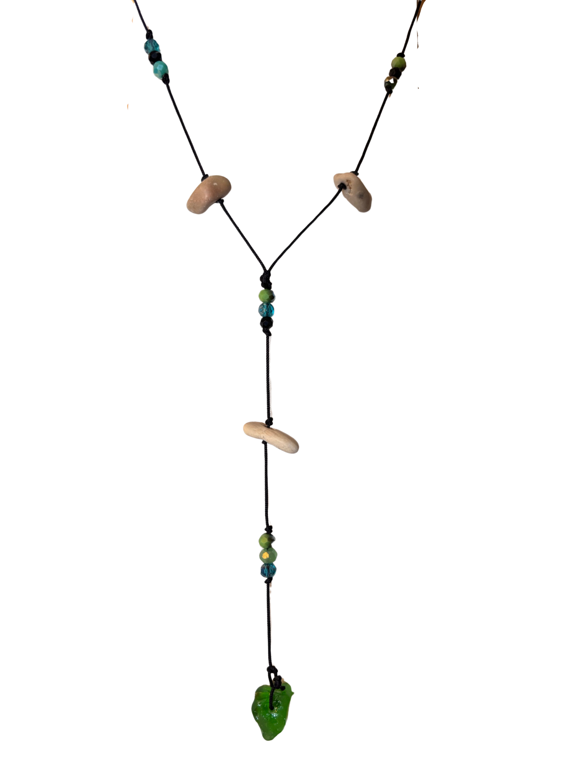 Sea Path lariat necklace, raw natural stones and sea glass, handmade 7ajra jewelry.