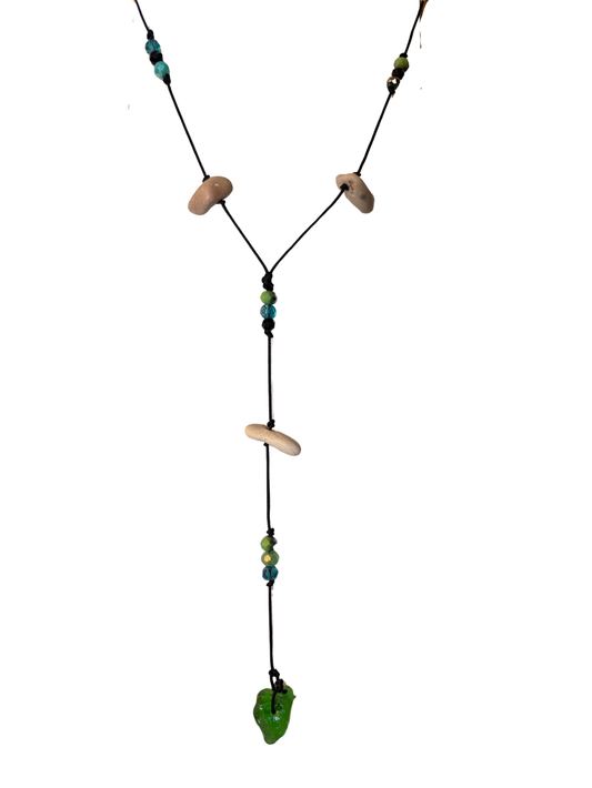 Sea Path lariat necklace, raw natural stones and sea glass, handmade 7ajra jewelry.