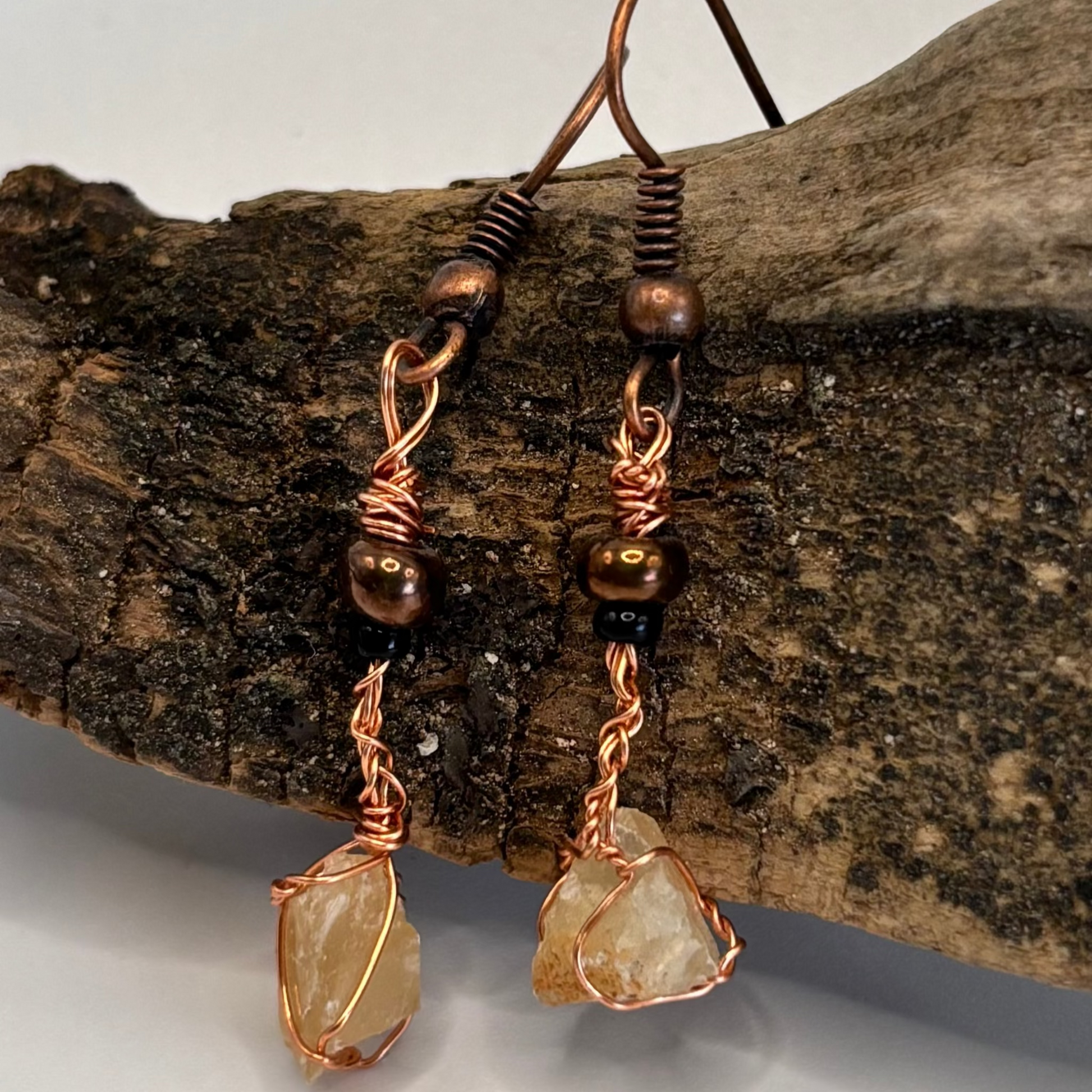 Pair of calcite stone dangle earrings, wire wrapped raw stone