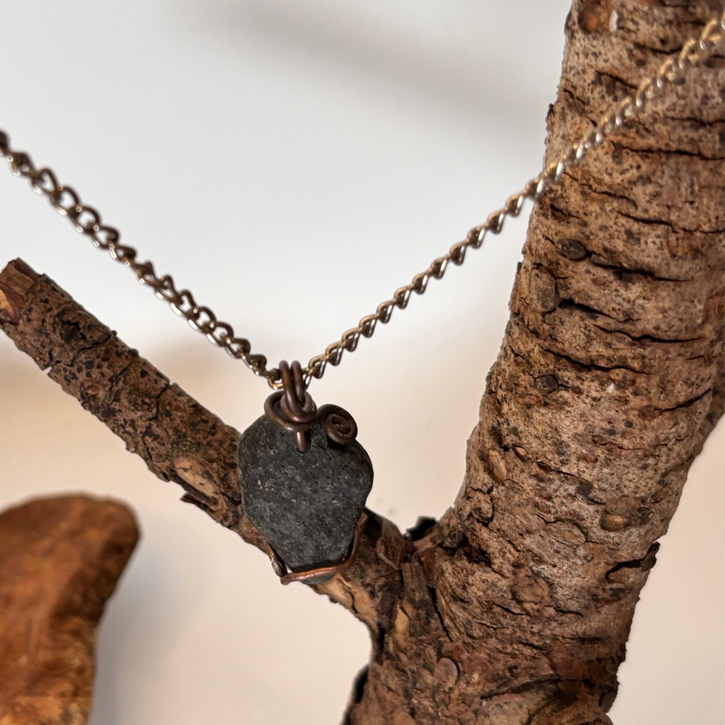 Necklace with a black pendant hanging on a branch