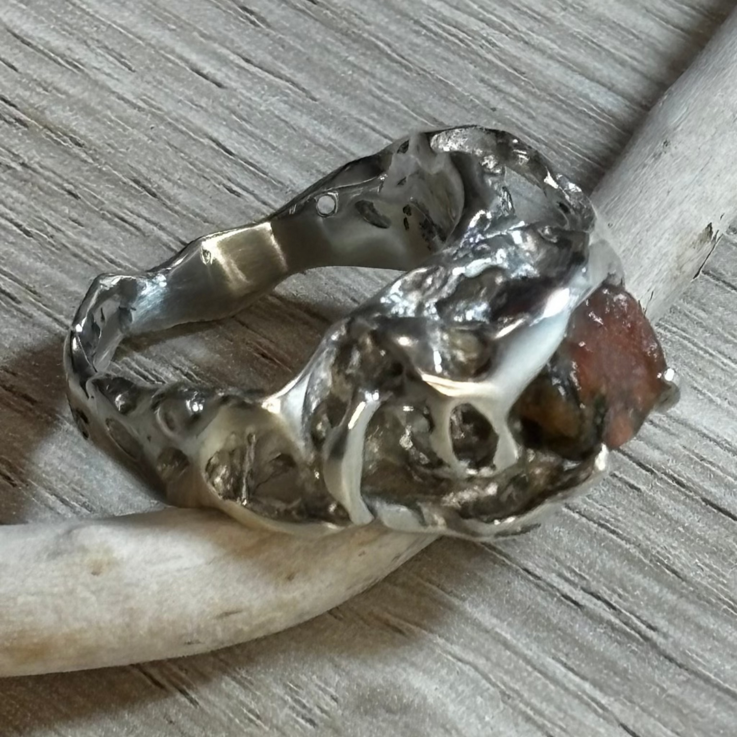 Silver ring with natural stone, handmade lost wax casting