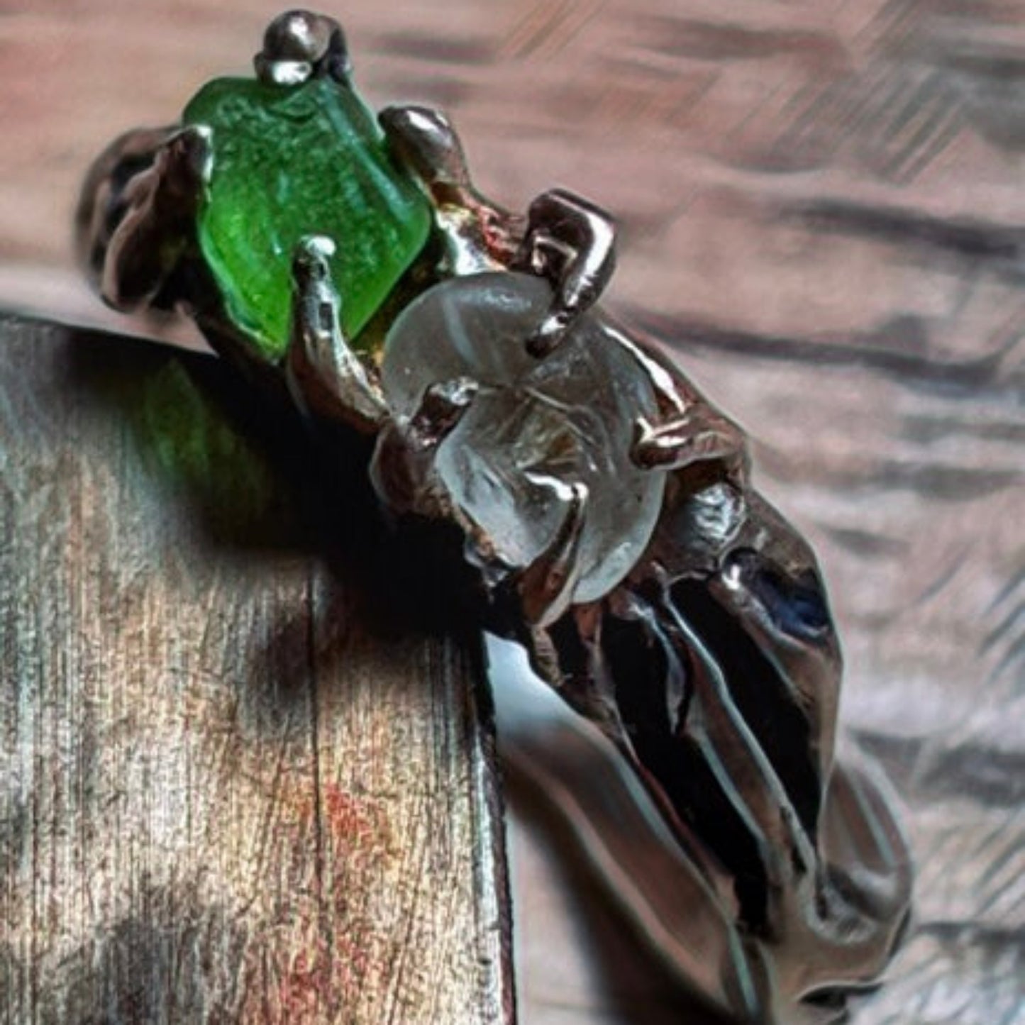 Silver ring with a green and white sea glass gemstone on a wooden surface