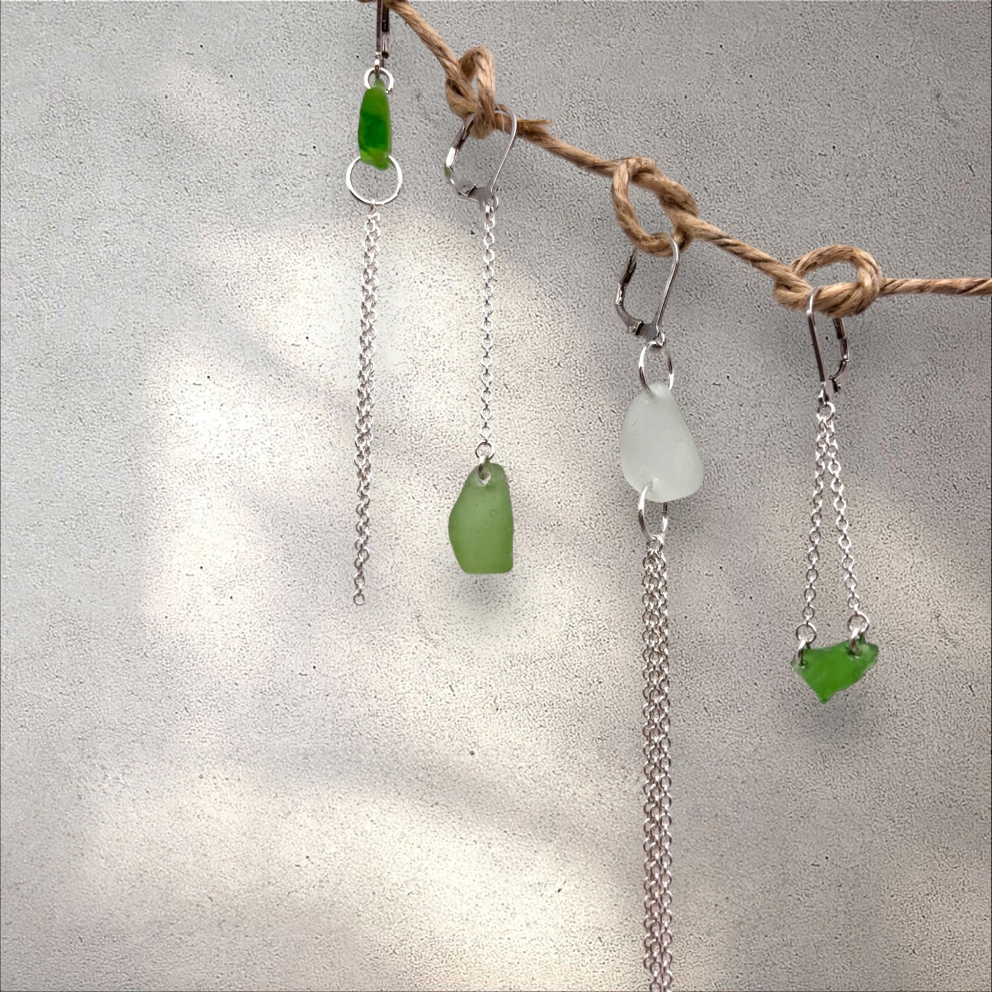 Salted Green earring close-up, silver setting detail