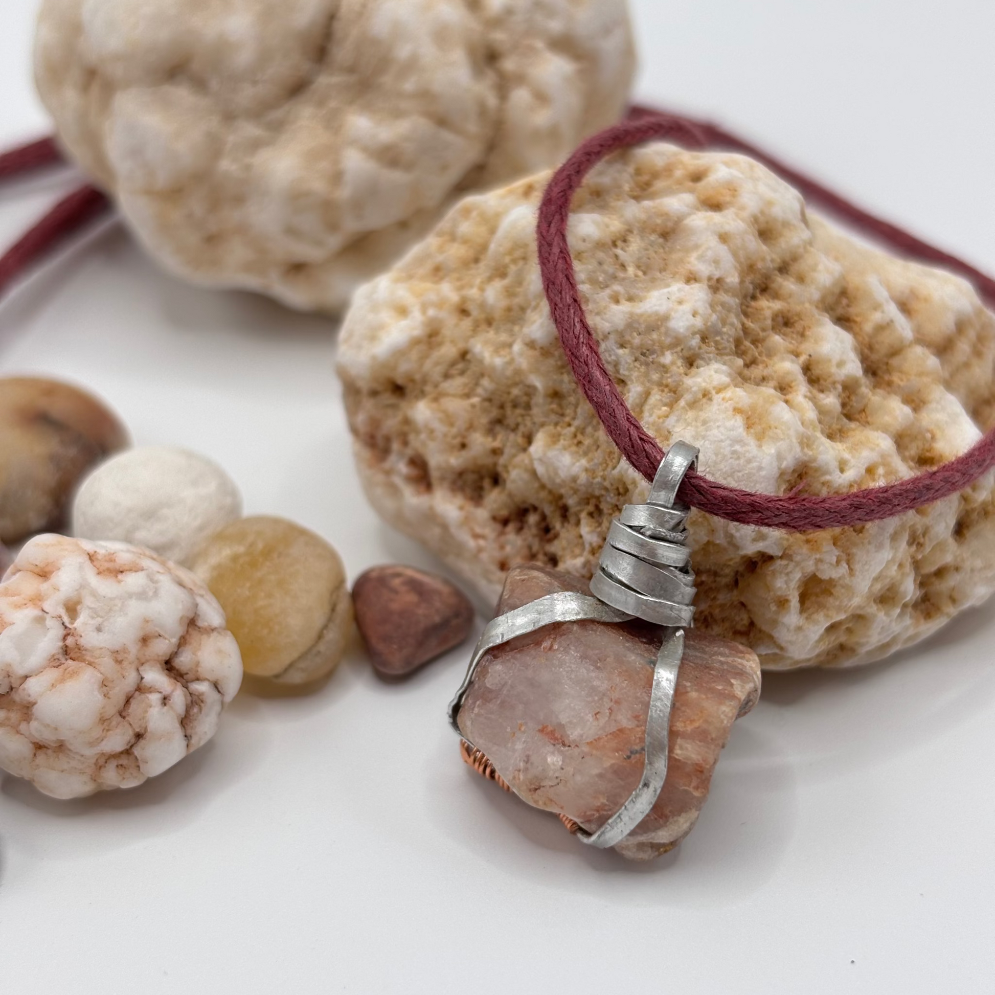 Raw Aegean Sea stone wrapped in aluminum wire pendant necklace