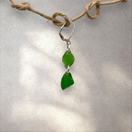 Sea Duet earring, two green sea glass pieces in silver