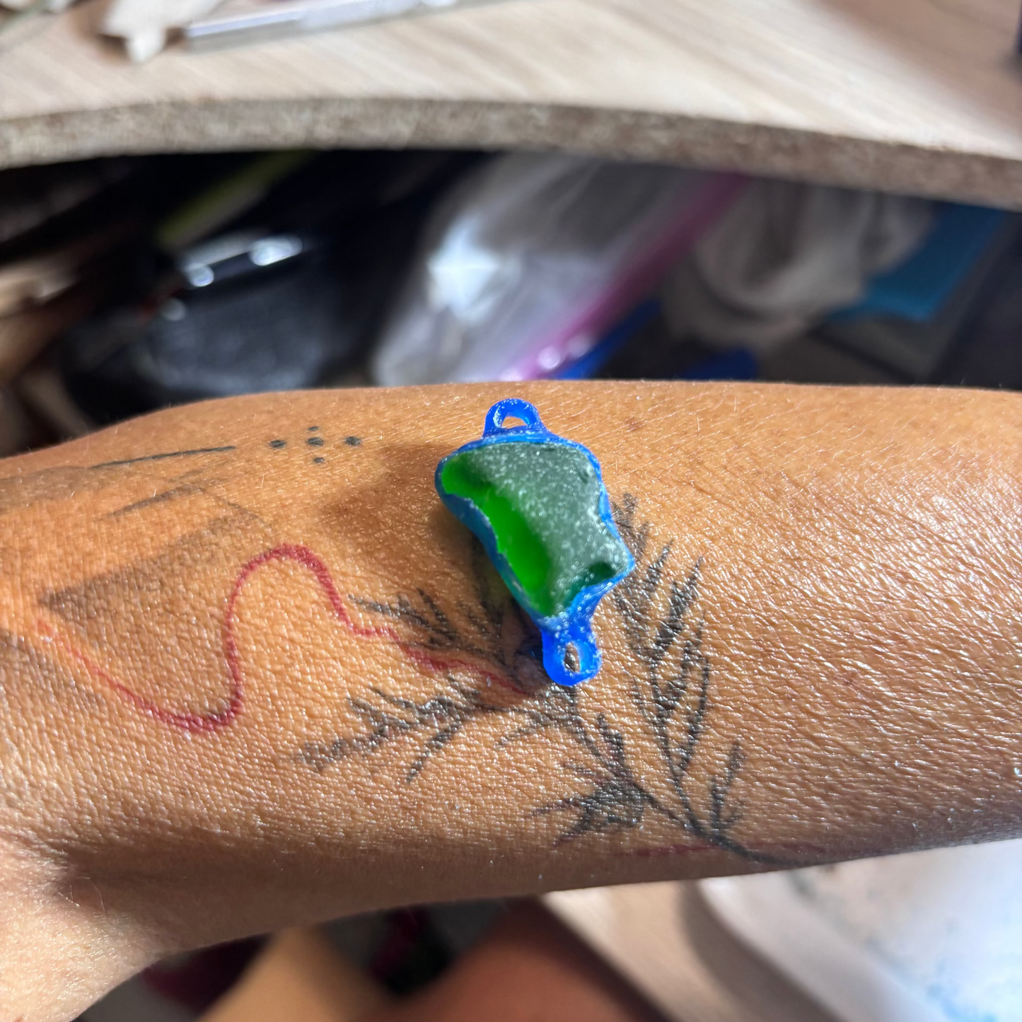 Close-up of sea glass bracelet set in wax bezel