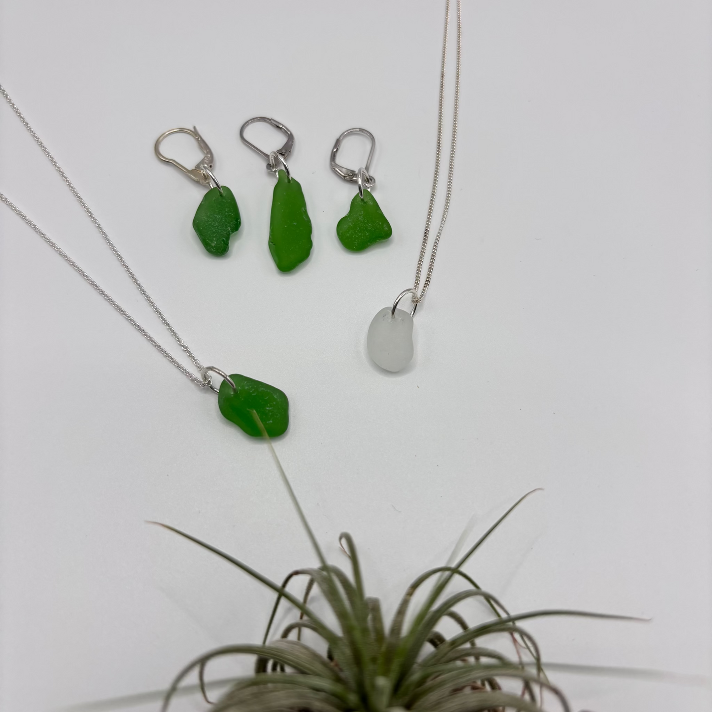 Green sea glass earring set in handcrafted silver, minimal and organic