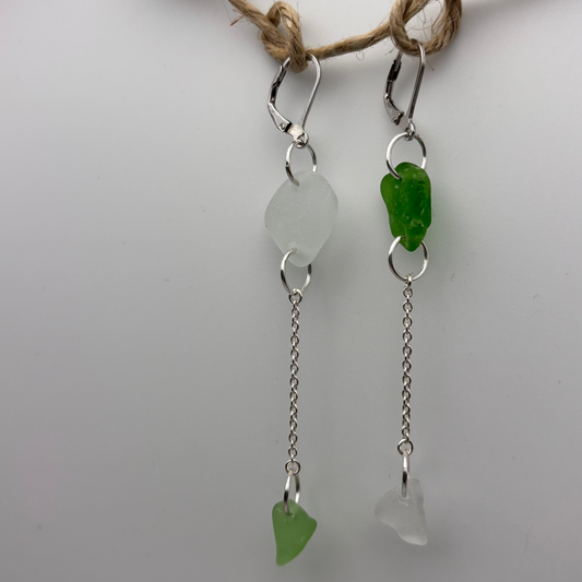 Twin Tides earrings, green and white sea glass pair in silver