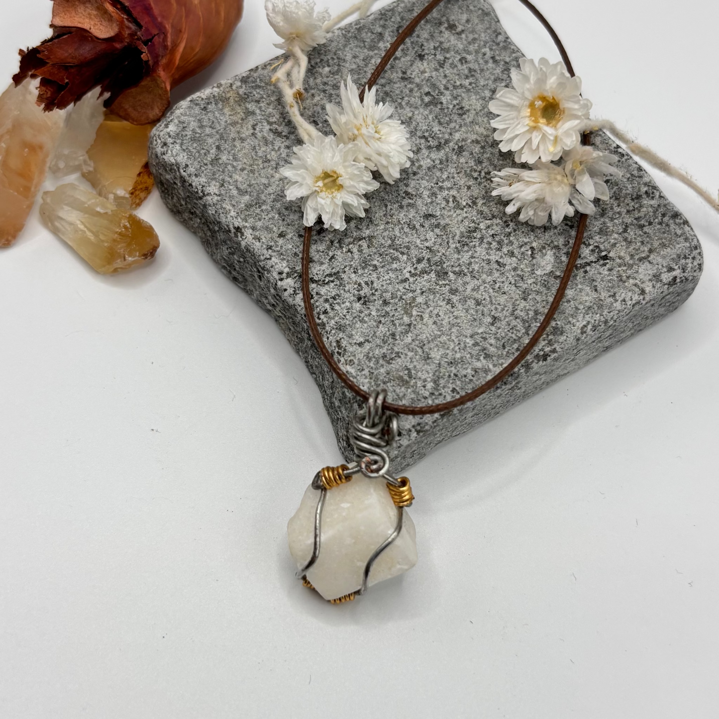White raw stone cube wire wrapped necklace pendant - 7ajra handmade jewelry