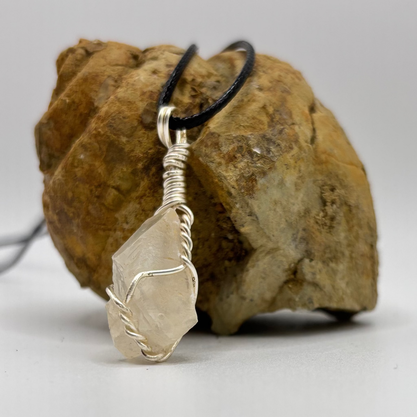 Raw white calcite stone wire wrapped pendant necklace