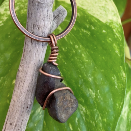 Raw iron ore stone wrapped in brass wire keychain - handmade jewelry
